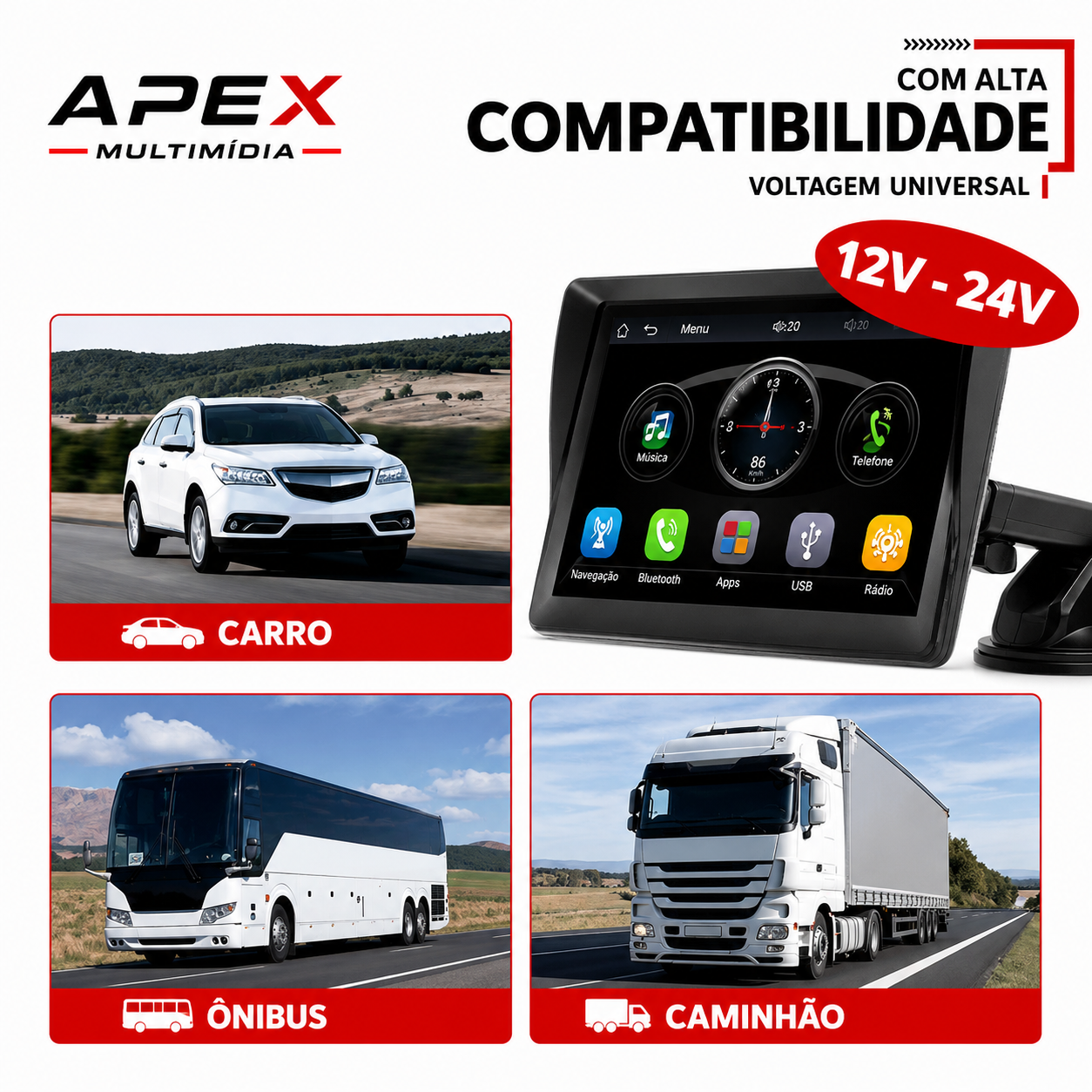 Tela Multimídia Automotiva Apex 360° Universal Touch Portátil + Camera de ré