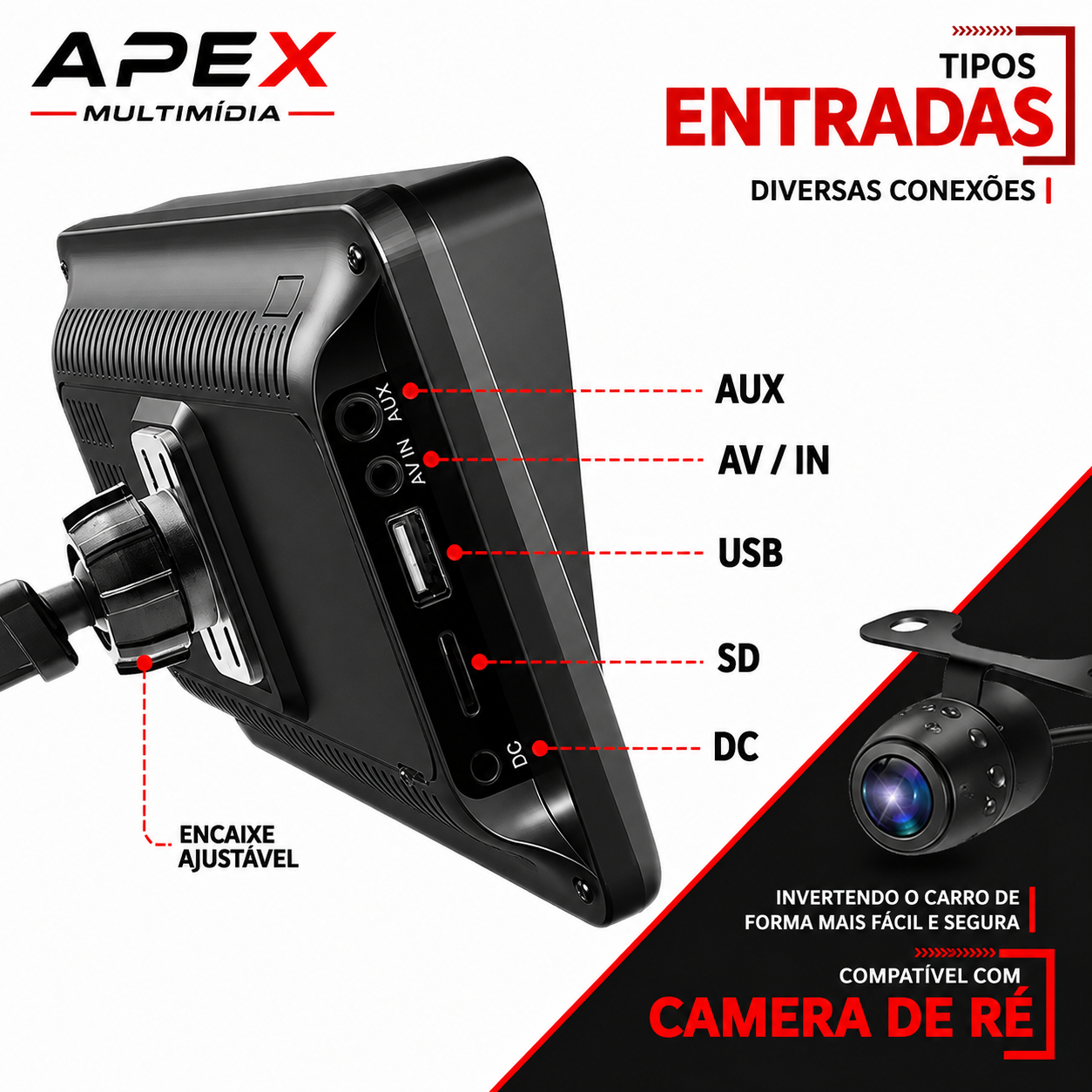 Tela Multimídia Automotiva Apex 360° Universal Touch Portátil + Camera de ré