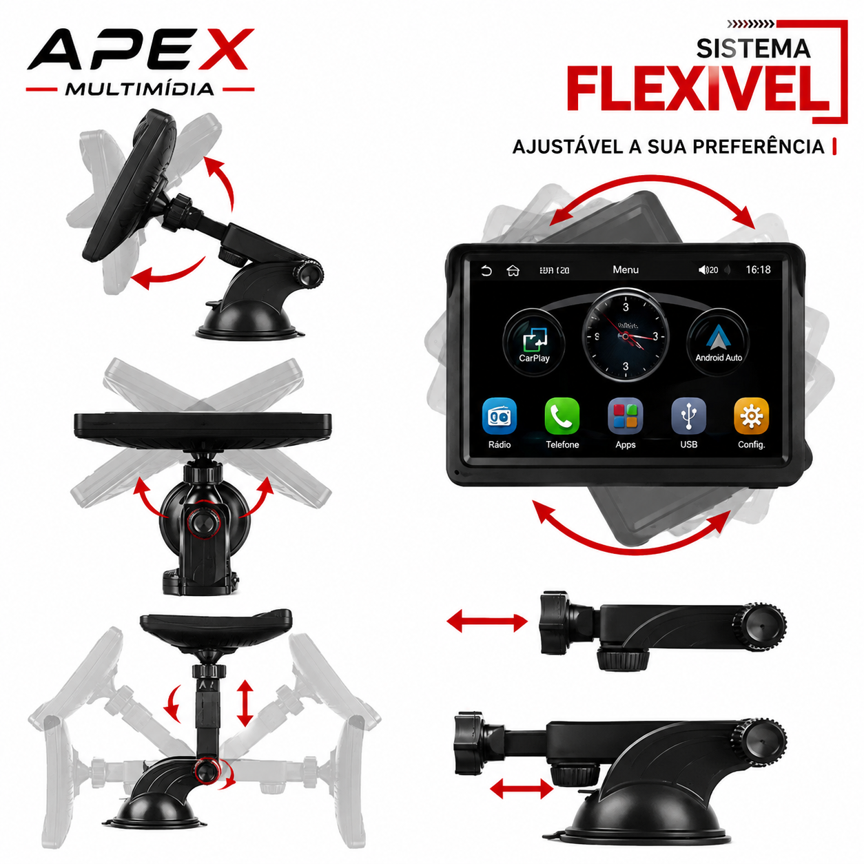 Tela Multimídia Automotiva Apex 360° Universal Touch Portátil + Camera de ré