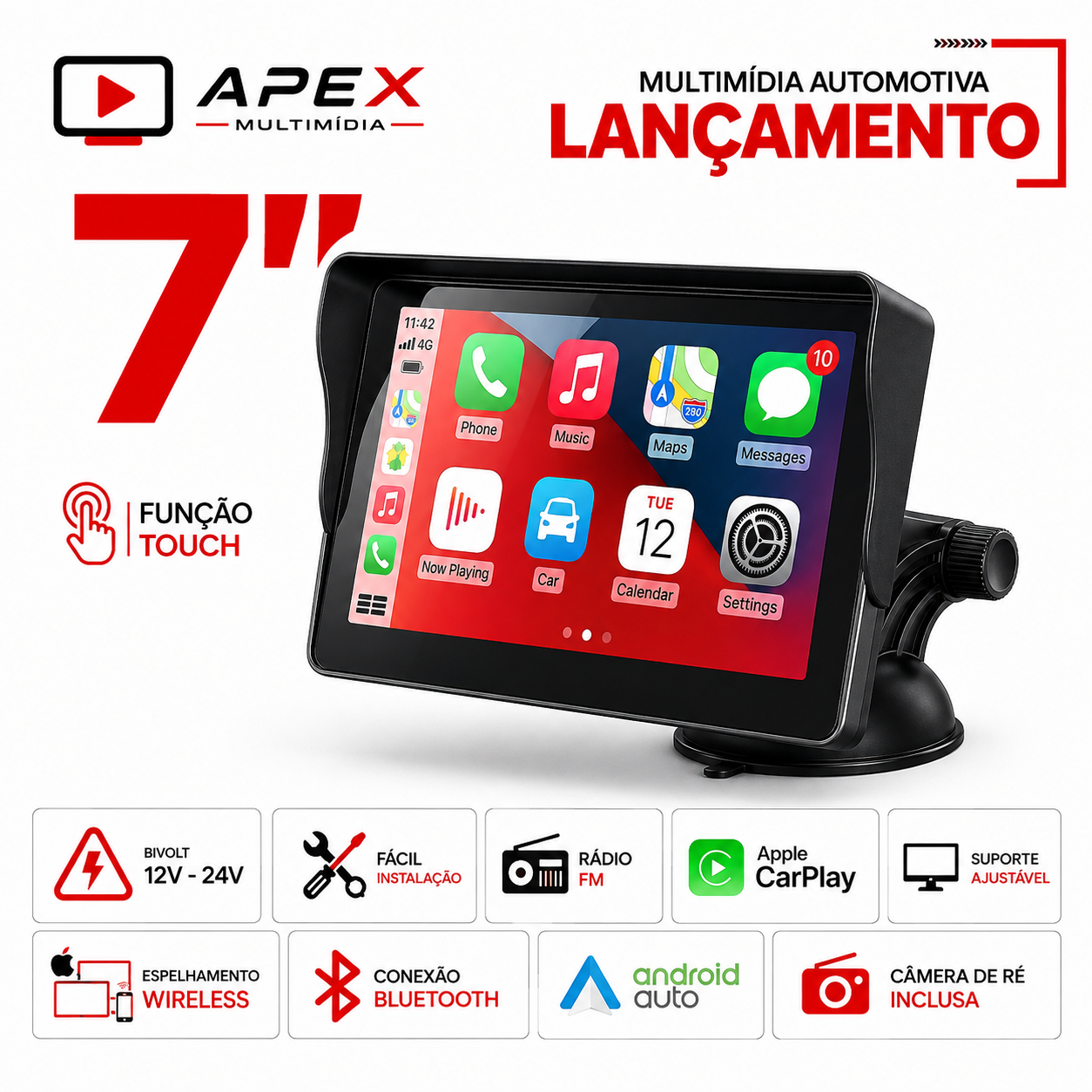 Tela Multimídia Automotiva Apex 360° Universal Touch Portátil + Camera de ré