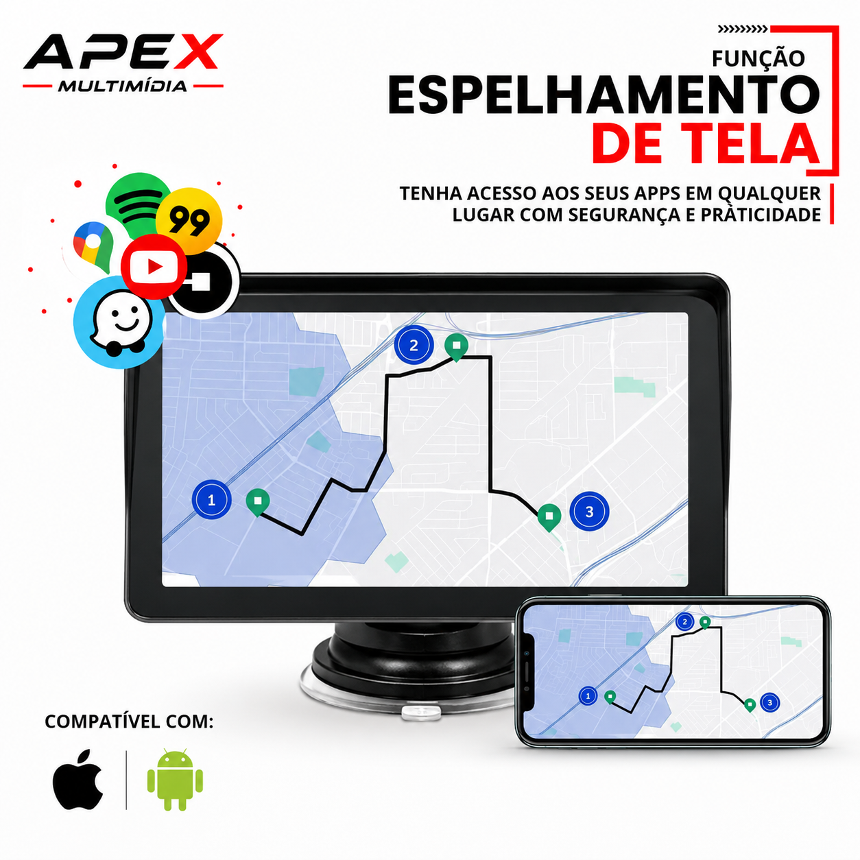 Tela Multimídia Automotiva Apex 360° Universal Touch Portátil + Camera de ré